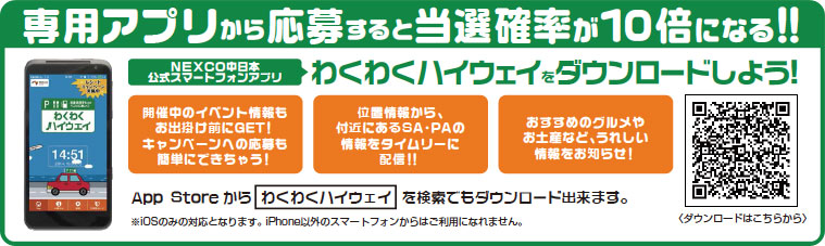 専用アプリから応募すると当選確率が10倍になる！！NEXCO中日本公式スマートフォンアプリわくわくハイウェイをダウンロードしよう！